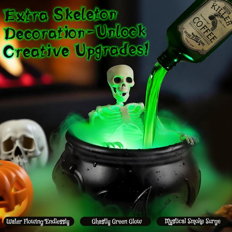 ANGAR Halloween Decorations Indoor, Cauldron Halloween Decor Set with Magic Floating Potion Bottles Skeleton Mist Maker, Black Witches Cauldron Diffuser for Home Kitchen Mantel Party Decor - Image 4